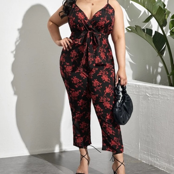 Plus Floral Print Surplice Belted Cami Jumpsuit - Picture 4 of 4